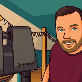 Edgars Kalniņš ar Matterport 3D kameru, ilustrēts portrets